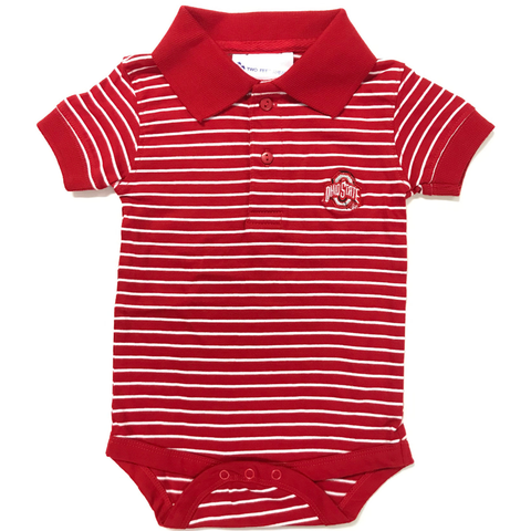 Ohio State red and white striped baby golf creeper on a square white background